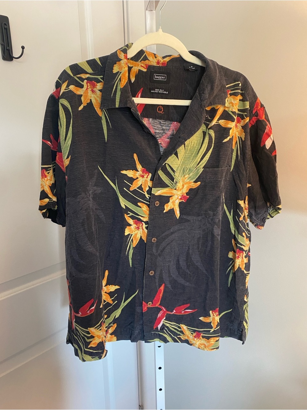 Haggar Black Short-Sleeve Floral Button-Down Shirt silk L